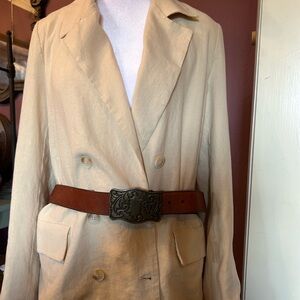 Wide leather belt with ornate bronze buckle